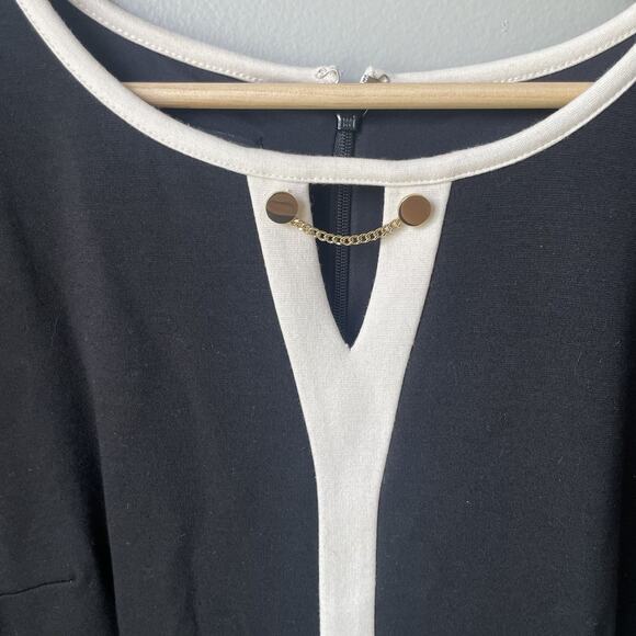 TALBOTS PONTE KNIT DRESS SIZE 6-BLACK-IVORY TRIM-BACK ZIP & SLIT-SHORT SLEEVES - Picture 8 of 11